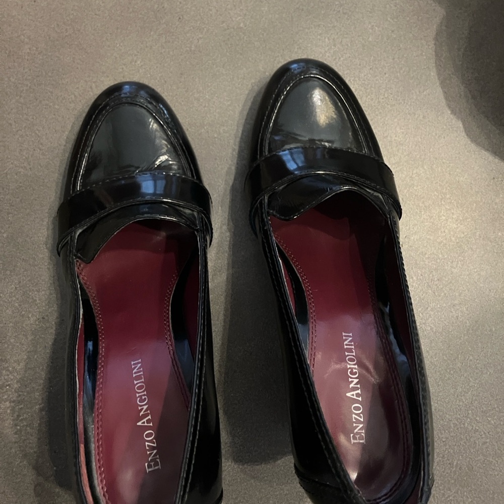 Black Enzo Angiolini block patent leather heels
